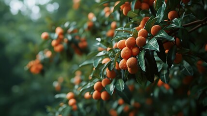 Stock photo of arbutus unedo tree with orange fruits and green leaves in natural outdoor setting scene