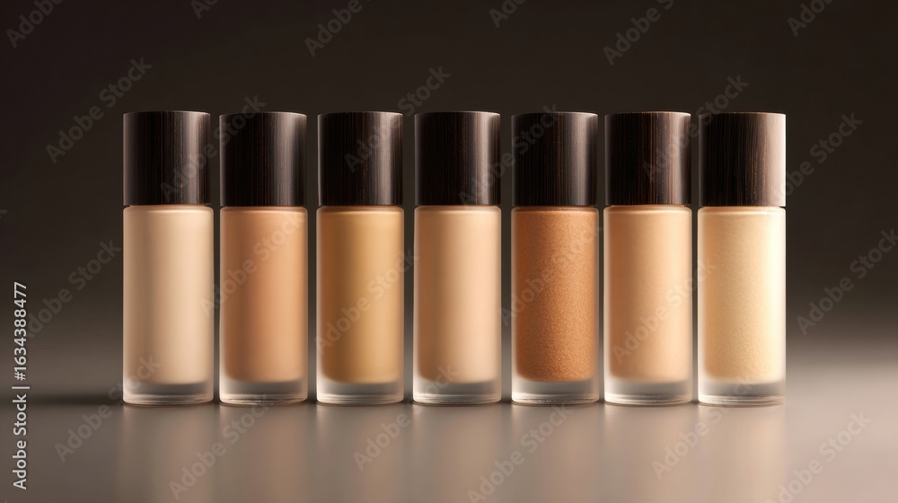 Aufkleber gradient row of foundation bottles in diverse skin tones displaying beauty products for various appl