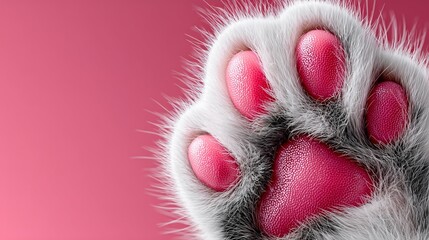 realistic white cat paw with pink pads on pastel pink background