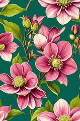 Obraz premium Hellebores on green background cartoonish seamless pattern