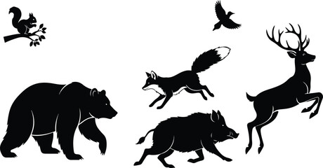 Fototapeta premium Forest animal silhouette set. Includes bear, deer, fox, boar, squirrel, and bird. Black vector icons for wildlife, nature conservation, and outdoor design.