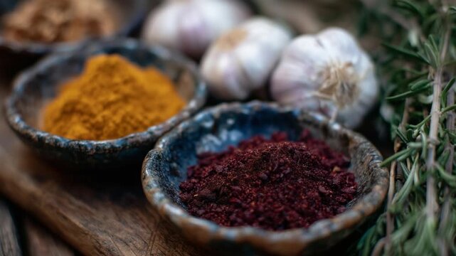 Vibrant flat lay of spices in ceramic dishes, featuring red, orange, and brown hues with rosemary, thyme, and garlic for a home-cooked vibe.