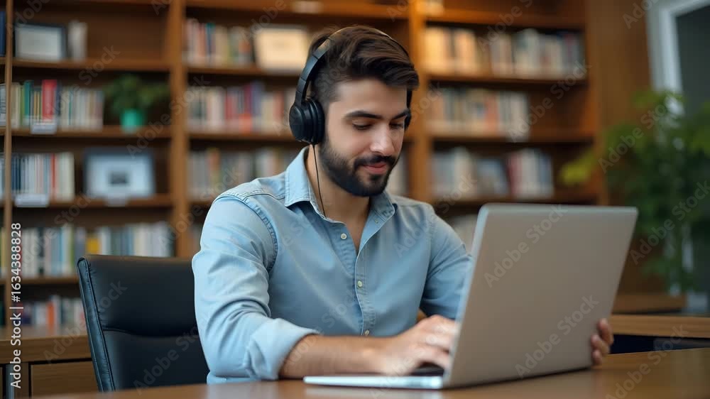 Poster smiling young man with wireless headset studying e-learning on laptop in library: taking notes, atte