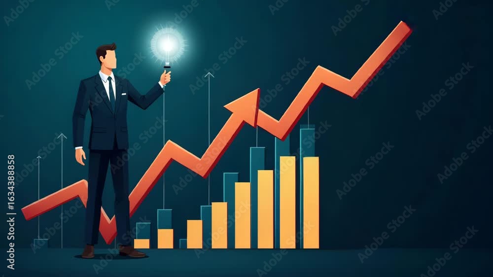 Poster navigating stock market volatility: businessman analyzing fluctuating charts and investment risks wi