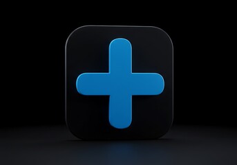 Obraz premium Glowing Blue Plus Icon: Dark 3D Render
