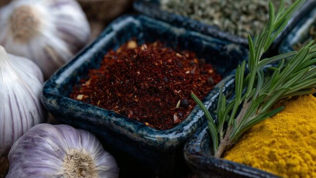 Vibrant flat lay of spices in ceramic dishes, featuring red, orange, and brown hues, complemented by rosemary, thyme, and garlic for a home-cooked vibe.