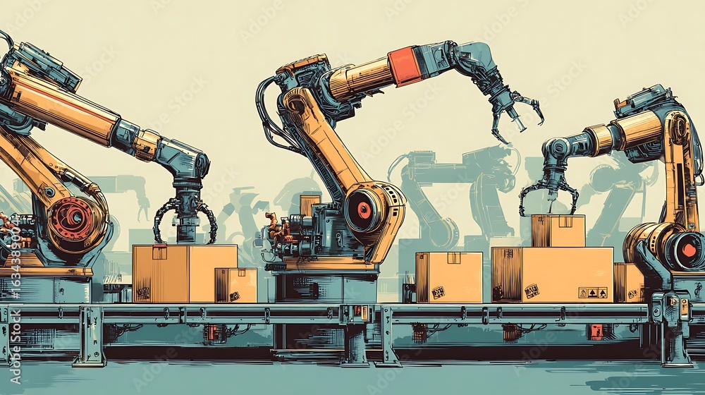 Poster robotic arms working on assembly line with boxes