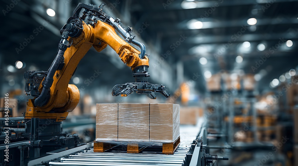 Poster robot arm lifting package in factory for automated production
