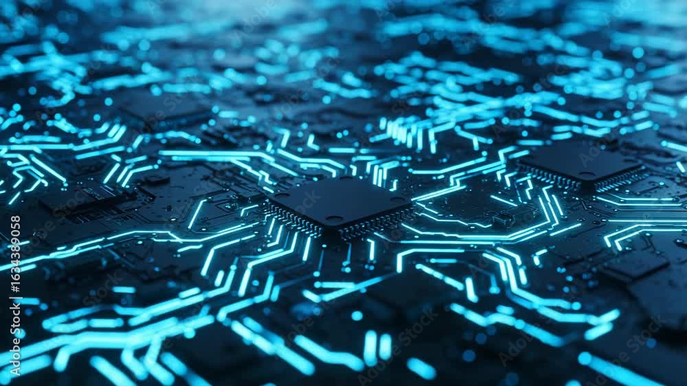 Poster closeup of a glowing blue circuit board with intricate pathways and illuminated components, represen