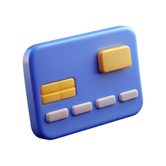 Minimalist 3D render of a blue credit card with raised buttons on transparent background