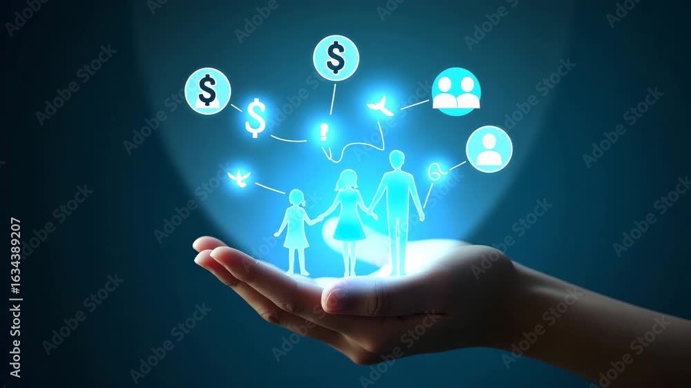 Poster flat hand displaying holographic budget tips for family trips - optimize expenses with smart strateg