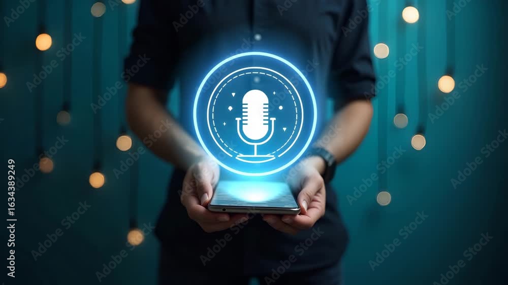 Poster man using smartphone to record voice messages: touching microphone icon in mobile app for audio, mus