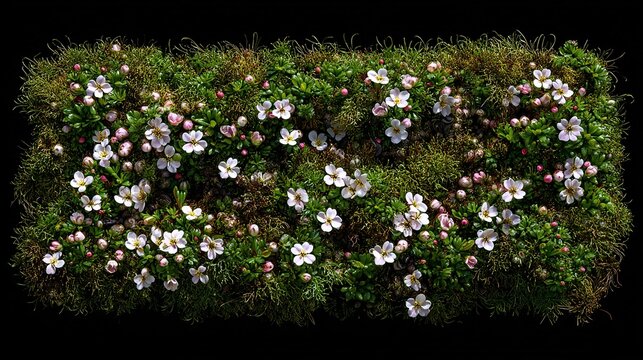Rectangular mat of moss and flowers, white blossoms, buds, and green leaves