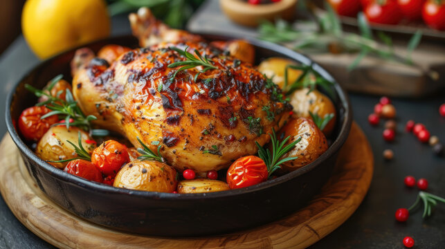 Golden-brown roasted chicken served with potatoes and tomatoes, garnished with rosemary and pepper. Delicious!