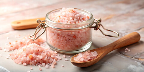 Closeup of coarse pink himalayan salt crystals in a glass jar with a wooden spoon, highlighting its texture and natural beauty for culinary and wellness uses