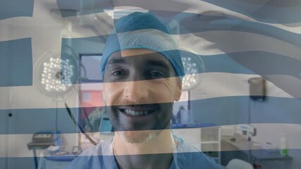 Surgeon in OR suite starting Greek flag overlay waving across monitors symbolizing medical unity - Powered by Adobe