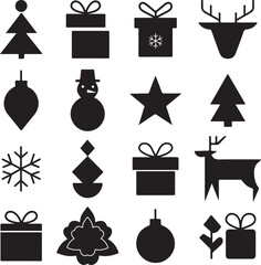 Christmas Icon Set Vector Illustration. Christmas Tree, Gift, Snowman, Reindeer, Snowflake, Star, and Ornament Silhouette Collection, christmas icons set.