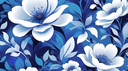 Floral wallpaper with large white blossoms and blue leaves. Elegant seamless pattern on a rich blue background.