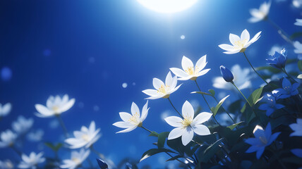 Dreamy 3D-style floral scene with glowing white flowers floating in a deep blue night sky.