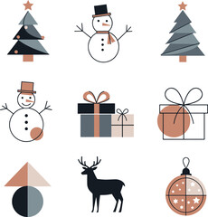 Christmas icons set, Modern Christmas and Winter Holiday Icon Set, Minimalist Vector Illustration, Geometric Design, Snowman, Christmas Tree, Gifts, Reindeer, Bauble, Abstract Shapes.