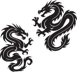 Two Black Dragon Silhouettes, Traditional Chinese Mythical Creatures, Vector Illustration, Isolated, White Background, Tattoo Design, Fantasy, Power, Mythology, Oriental, Asian, Legendary.