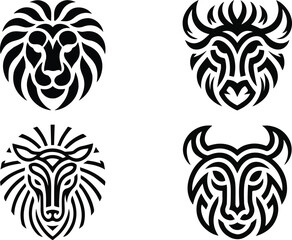 Tribal Animal Head Icons, Tribal Style Lion, Bull, Ram, and Yak Head Logo Designs