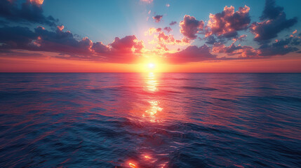 Fototapeta premium Ocean sunset with a colorful horizon line and sun rays piercing through scattered clouds above the water