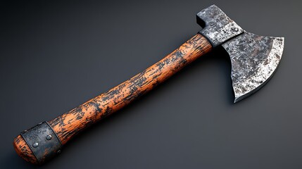 Aged battle axe with weathered wooden handle.