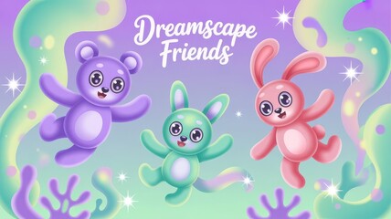 Colorful cartoon characters in a dreamy landscape with pastel colors  