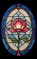 Stained glass artwork depicting a colorful rose within an oval frame, showcasing intricate details and vibrant hues against a dark background.
