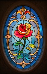 A colorful stained glass window featuring a vibrant rose against a blue background, showcasing intricate designs and craftsmanship.