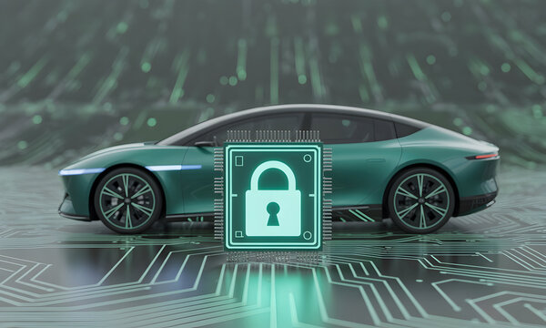 Advanced automotive cybersecurity concept with a futuristic smart car and glowing padlock icon symbolizing secure vehicle data protection on a digital processor - Powered by Adobe