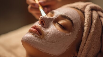 Naklejka premium Relaxing Face Mask Application in Beauty Salon With Warm Background Providing a Soothing Atmosphere During a Skincare Treatment Session