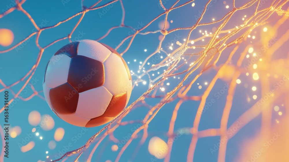 Poster dynamic rendering of a soccer ball entering a net with stylized light effects