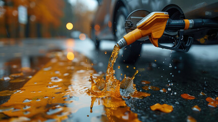 Fuel spilling from car, vibrant splash on rain-slicked road, autumnal background. Careless fueling concept.