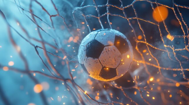 Dynamic soccer ball impact in a net with a burst of warm light and energy