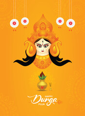 Happy Durga Puja Festival Poster Divine Illustration of Maa Durga on Saffron Background
