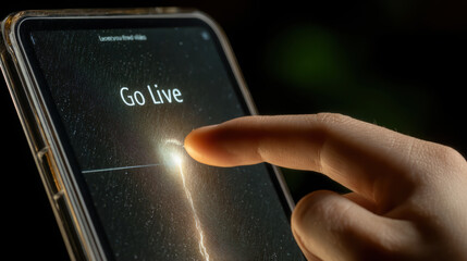 Finger pressing glowing Go Live button on smartphone screen, symbolizing excitement of starting live broadcast. vibrant light adds dynamic touch to moment