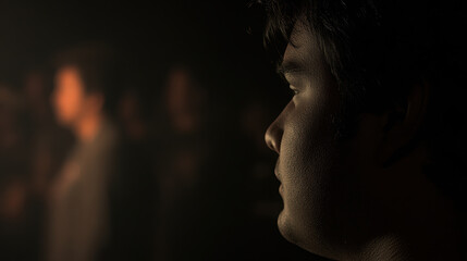 Side profile of person dark room, illuminated by soft light, creates contemplative atmosphere. focus individual highlights their features against blurred background of indistinct figures