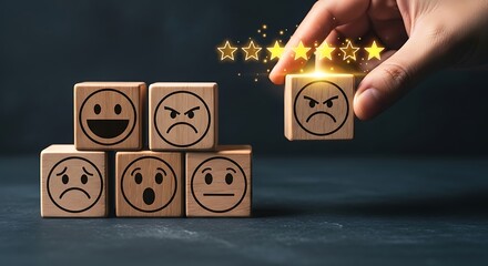 Customer Experience Review and Rating Concept with Wooden Blocks Showing Different Emotions and Feedback Stars Business Assessment