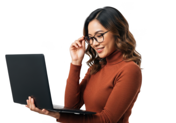 Asian woman wearing glasses working on a laptop computer, typing and reading, business and technology concept, isolated on transparent background