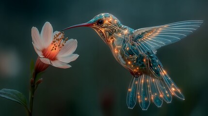Fototapeta premium Futuristic Hummingbird with Bioluminescent Circuitry, Pollinating a Delicate White Blossom, showcasing advanced technology integrated with nature's beauty and a touch of organic