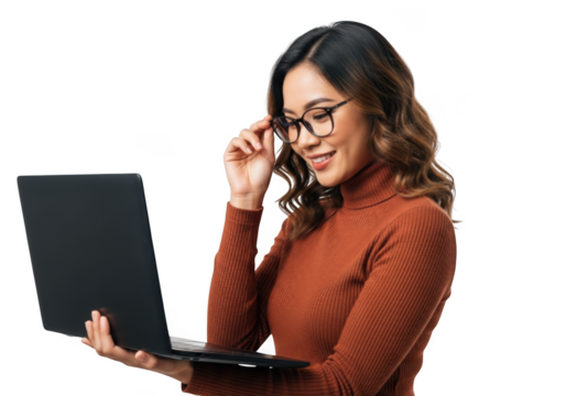 Asian woman wearing glasses working on a laptop computer, typing and reading, business and technology concept, isolated on transparent background