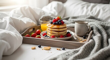 Delicious Pancakes with Fresh Berries and Maple Syrup Breakfast in Bed for a Cozy Morning Indulgence