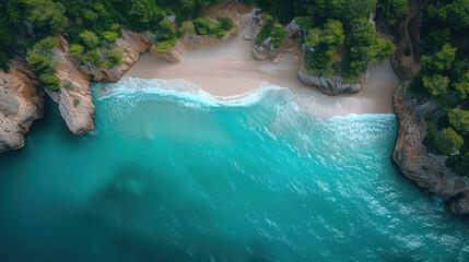 Aerial view of a secluded beach with turquoise waters, framed by rocky cliffs and lush greenery.