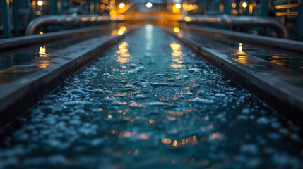 Industrial water channel with reflections and blurred lights, creating a serene industrial aesthetic.