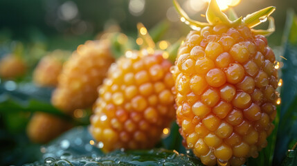 Close-up of ripe golden raspberries, gleaming with dew drops in the morning sun, ready for harvest.