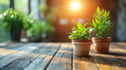 Potted greenery basks in sunlight on a weathered wood surface, bringing nature indoors with vibrant life.