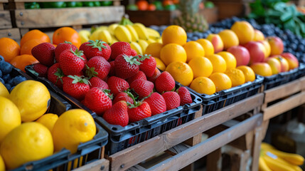 Vibrant fruit display with strawberries, oranges, lemons, bananas, and blueberries on a wooden shelf.