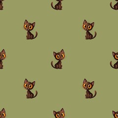 cute seamless pattern, black cat with orange eyes and fangs on green background